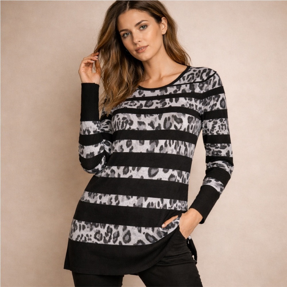 Alfani Leopard Stripe Knit Tunic Sweater Size S Black Gray Animal Print Long